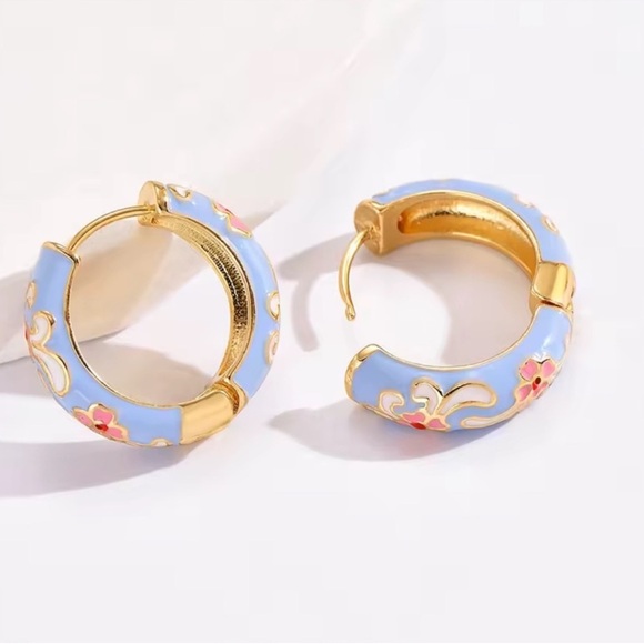 Blue Floral Gold Hoop Earrings - Picture 4 of 7